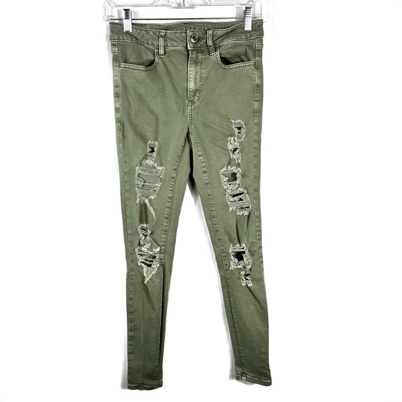 American Eagle Mossy Green Distressed Super Stretch X Hi-Rise Jeggings 4 Regular - Picture 1 of 6